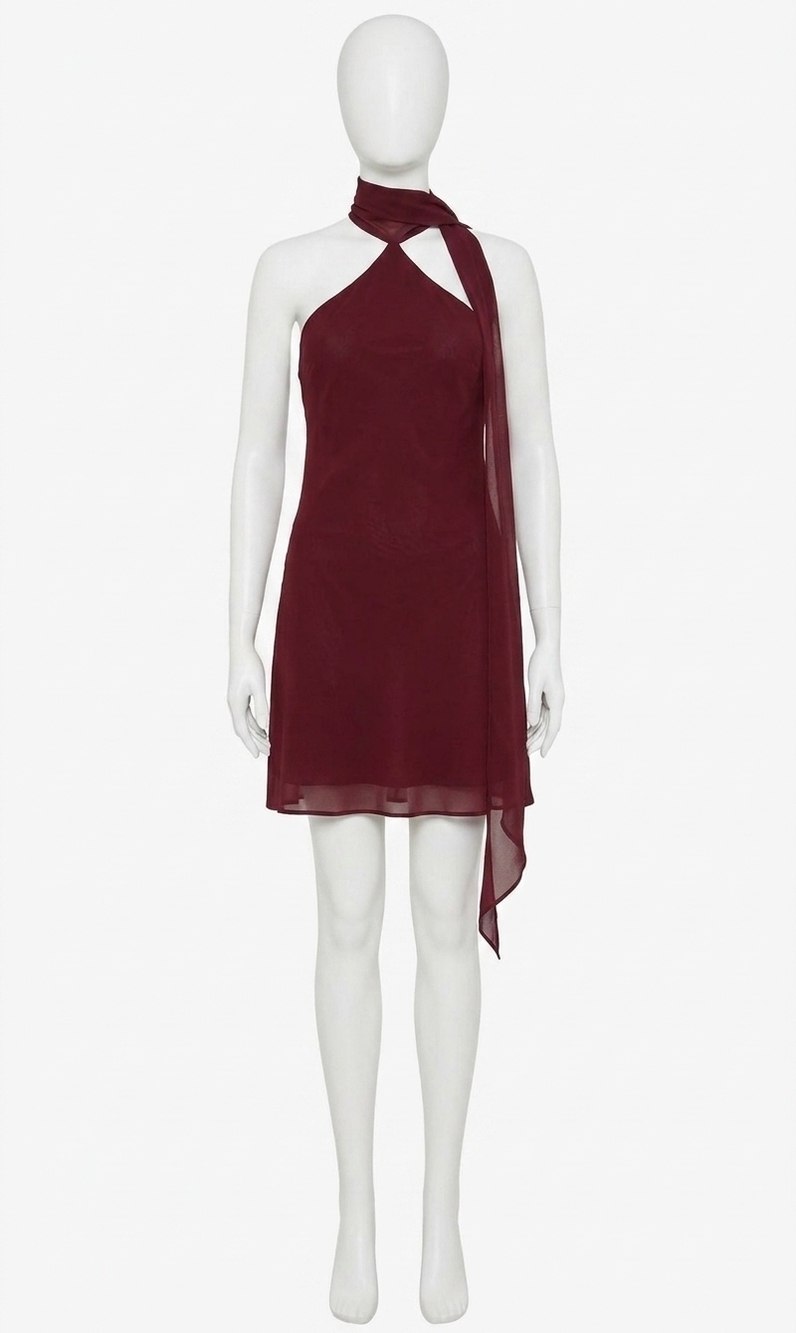 NEW SKY TO MOON sheer long scarf bias cut mini dress in wine